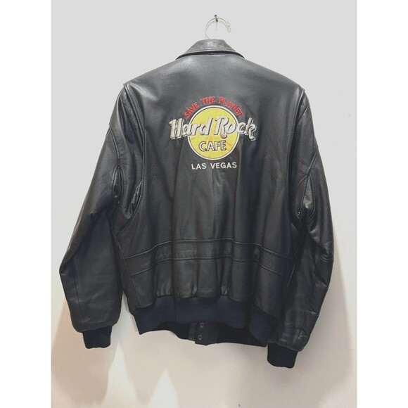 Hard Rock Cafe Las Vegas Men L Leather Bomber Jacket Vintage Y2K Biker Retro - Picture 2 of 16